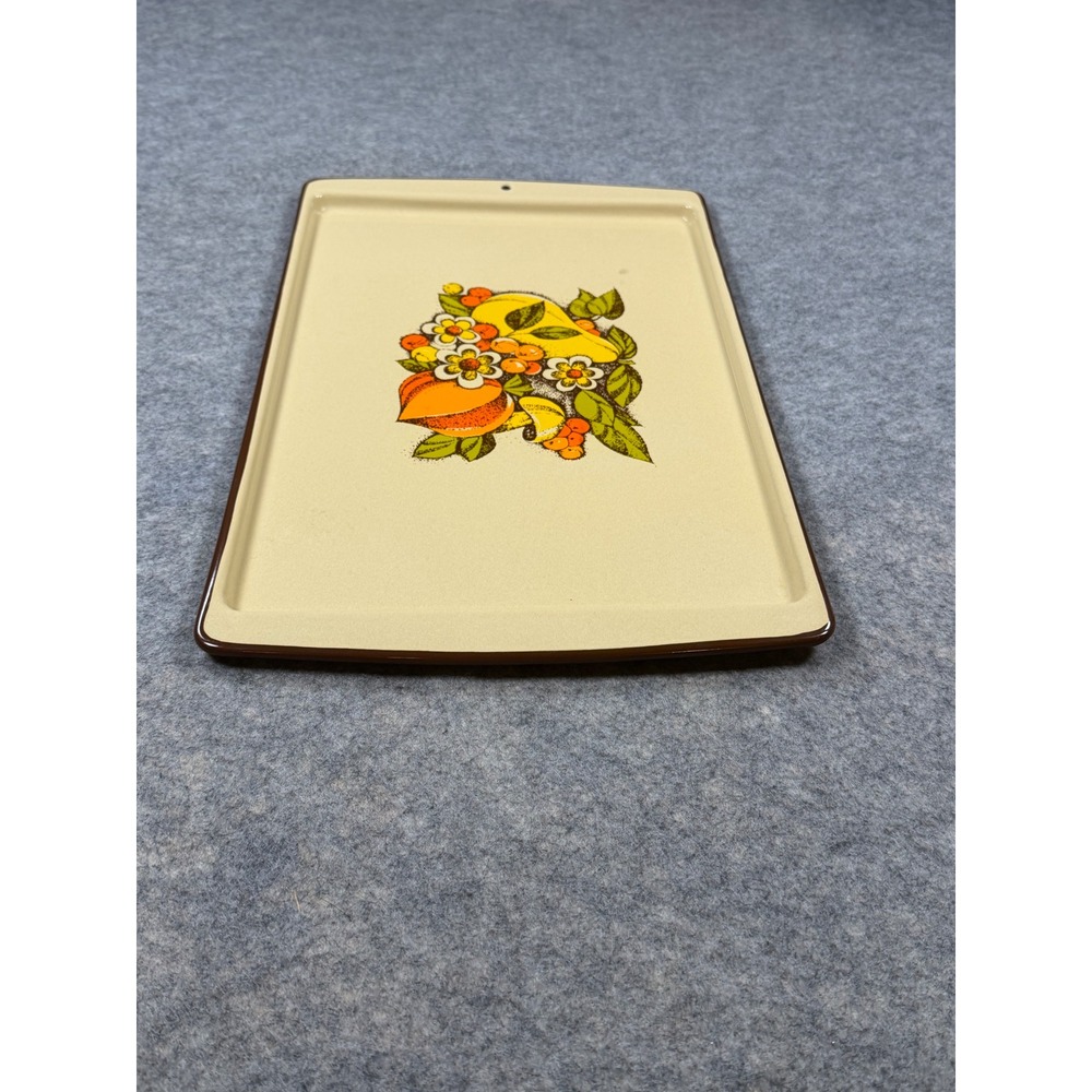 Vtg  Retro Fiberglass Serving Tray Fruit Floral Graphic Cream Brown 16.5x11.25